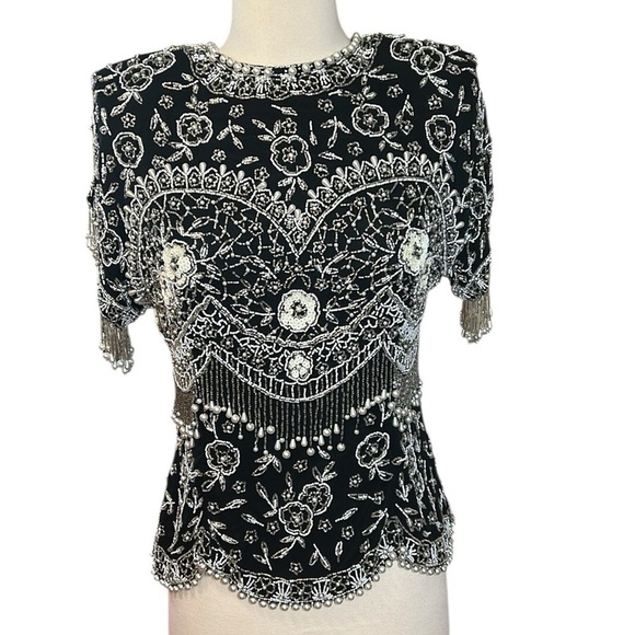 He Ro Black Tie Tops - VTG Black Tie By He Ro Industries Sequin Beaded Floral 100% Silk Blouse Sz Small